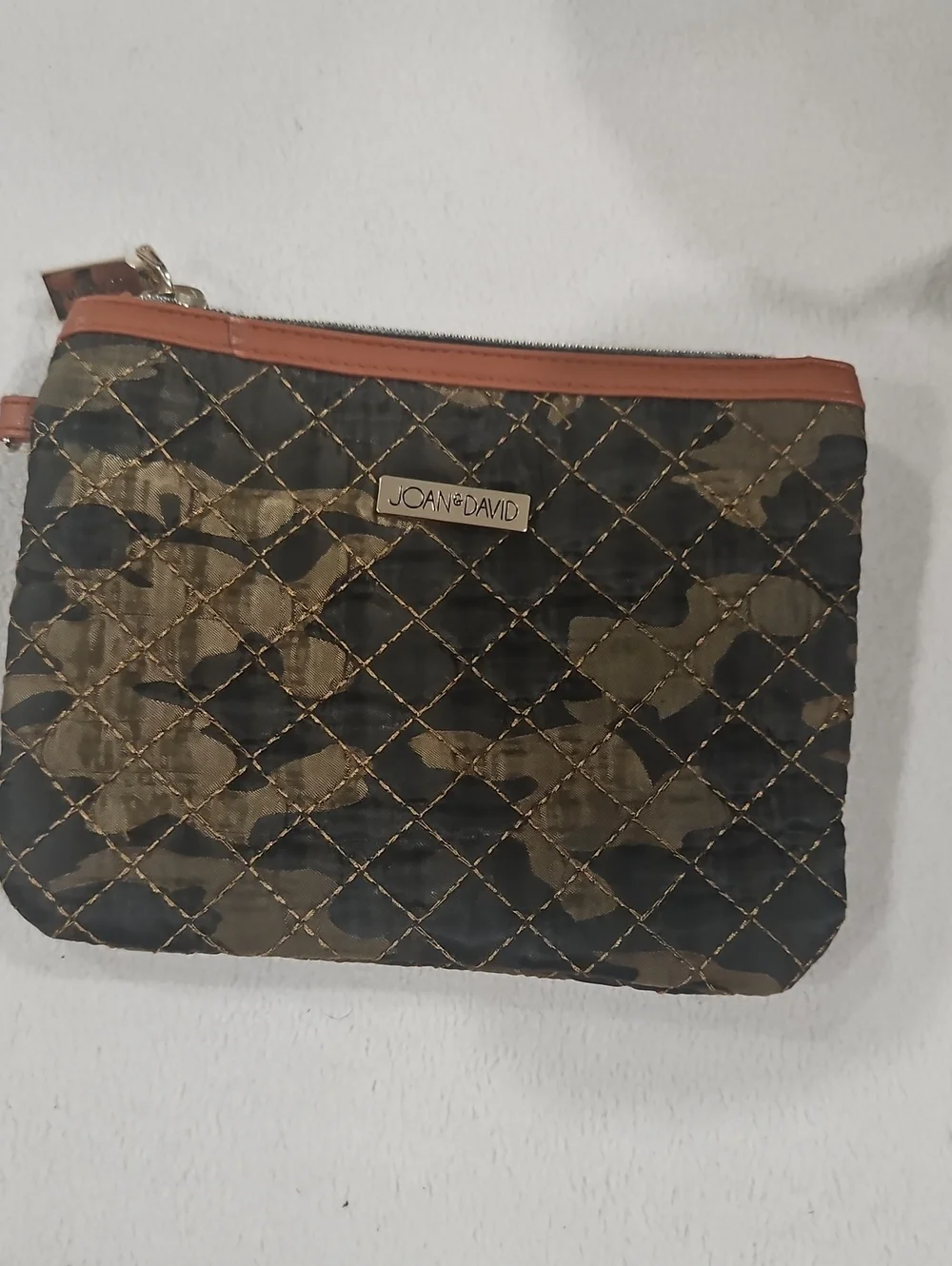 Joan & David Quilted Camo Wristlet Clutch in Olive, Black and Brown Trim